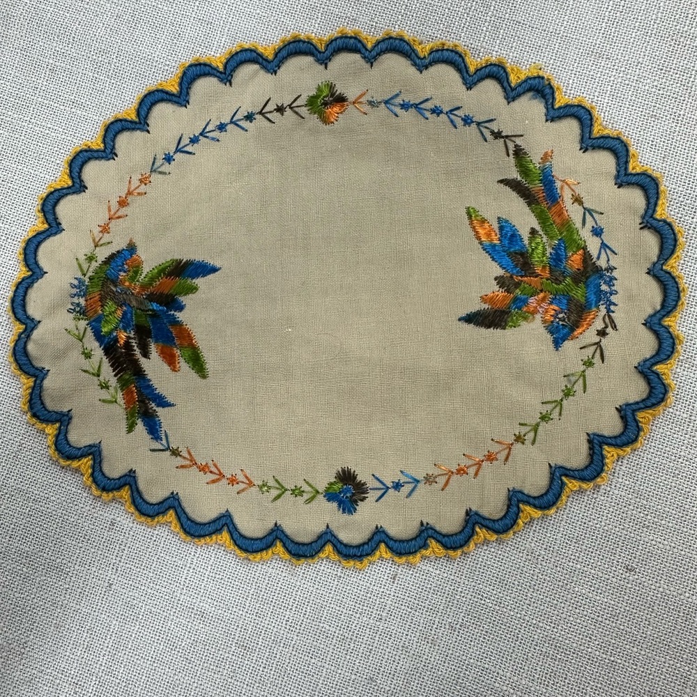 Antique Embroidered Oval Table Mat with Scalloped Edge